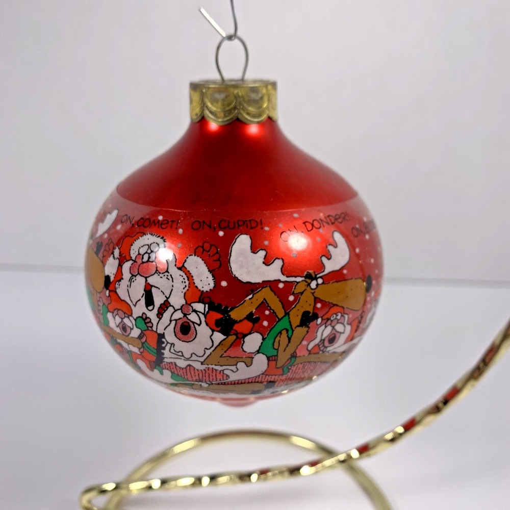 Hallmark 1984 Vintage‎ "Reindeer Racetrack" Tear Drop Glass Ball Ornament w/ Box